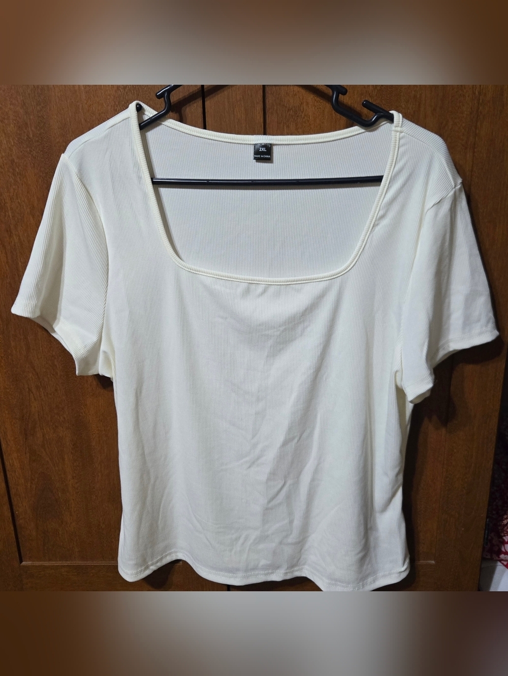 SHEIN Cream Square-Neck Ribbed Short Sleeve Tee
